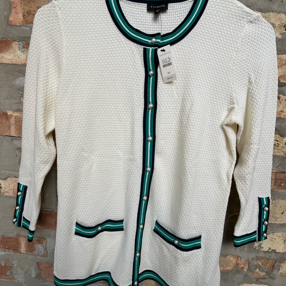 Talbots White Cardigan with Green and Black Accents